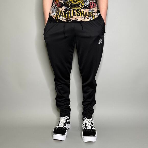 Vintage Y2K Adidas Joggers Mens M Soccer Style Slim Fit Jet Black Sweatpants - Picture 2 of 4